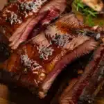 Close-up of juicy, smoked beef ribs sliced and seasoned with herbs and spices on a wooden cutting board