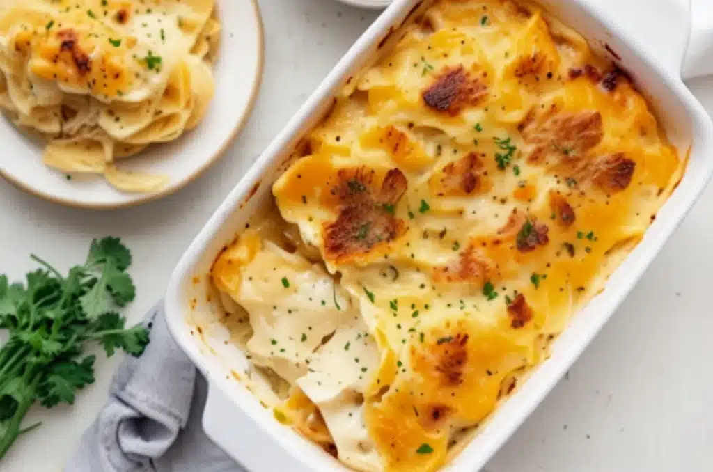 Baked scalloped potatoes with golden cheese topping in a white baking dish, garnished with herbs