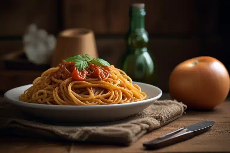 A plate of spaghetti with chunky tomato sauce on a rustic wooden table, accompanied by a tomato, a knife, and a green bottle.