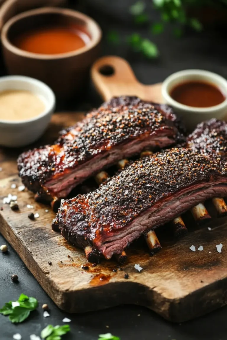 A close-up of perfectly smoked beef ribs with a dark, crispy crust, served on a wooden board with dipping sauces in the background.