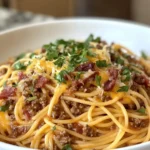 A close-up of a bowl of cowboy spaghetti topped with ground beef, melted cheese, crispy bacon bits, and fresh chopped parsley.