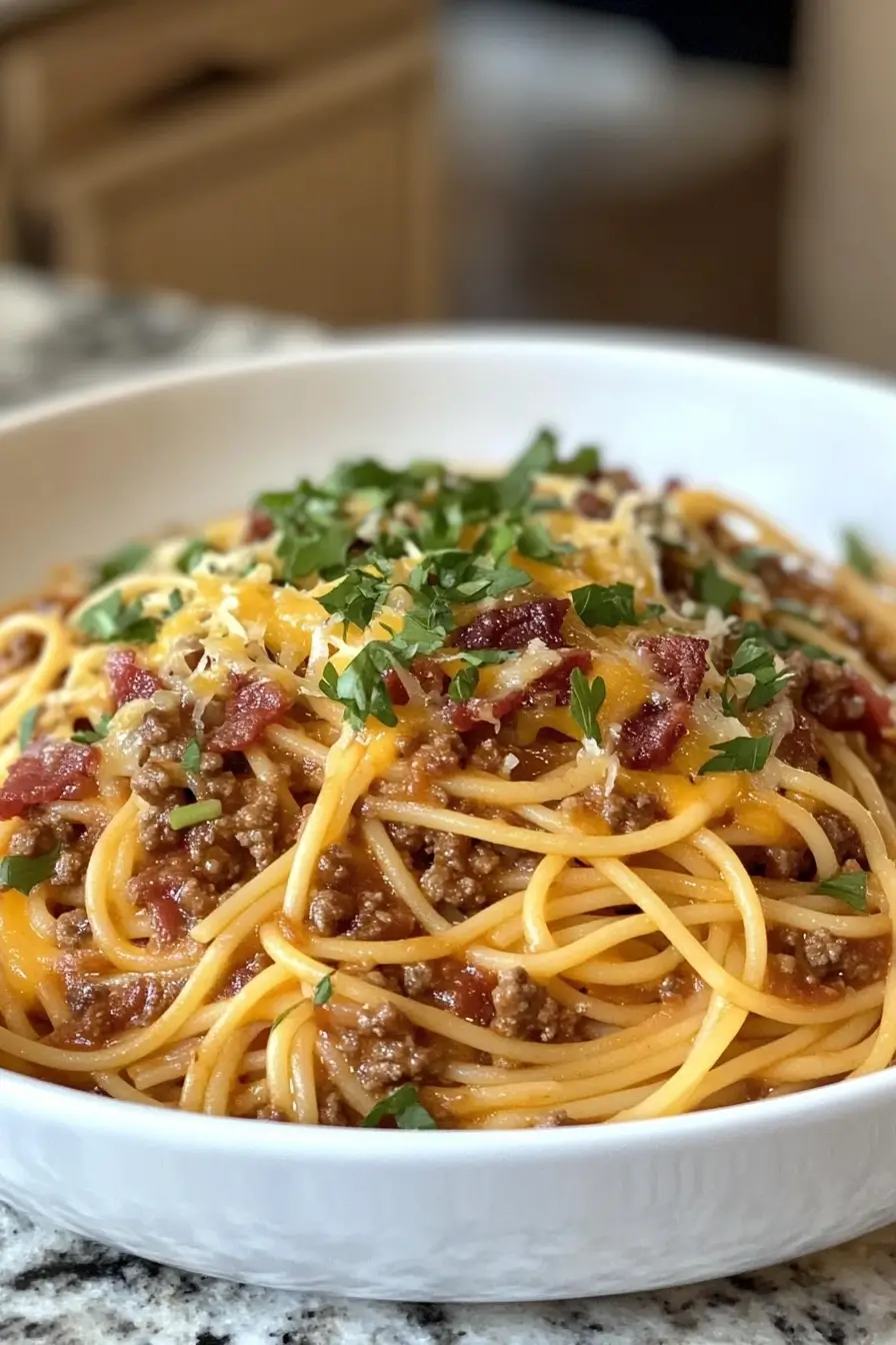A close-up of a bowl of cowboy spaghetti topped with ground beef, melted cheese, crispy bacon bits, and fresh chopped parsley.