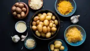 Ingredients for Creamy Au Gratin Potatoes laid out on a dark surface, including potatoes, cream, garlic, and two types of cheese.