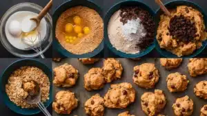 Collage showing various stages of making cowboy cookies, from combining ingredients to baking.