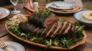 Perfectly smoked short ribs sliced and served on a wooden platter with fresh herbs and side salad.