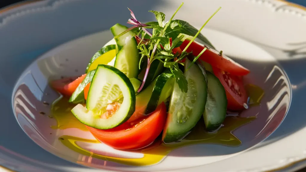 A fresh vegetable salad with slices of cucumber, tomato, and bell pepper on a white plate, drizzled with olive oil
