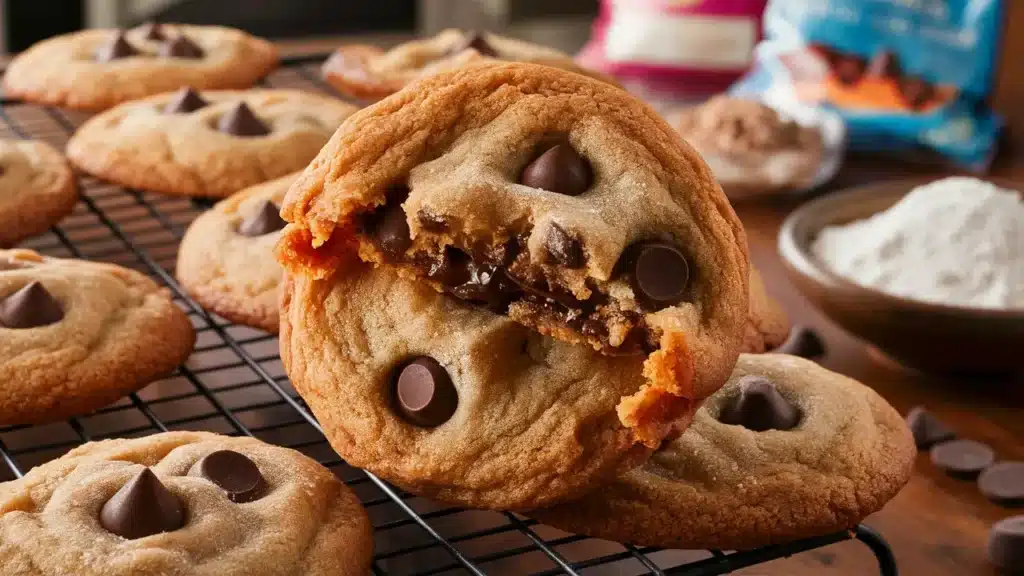 Freshly baked chocolate chip cookies on a cooling rack, inspired by the Toll House cookie recipe. One cookie is prominently displayed with a soft, gooey center full of melting chocolate chips.