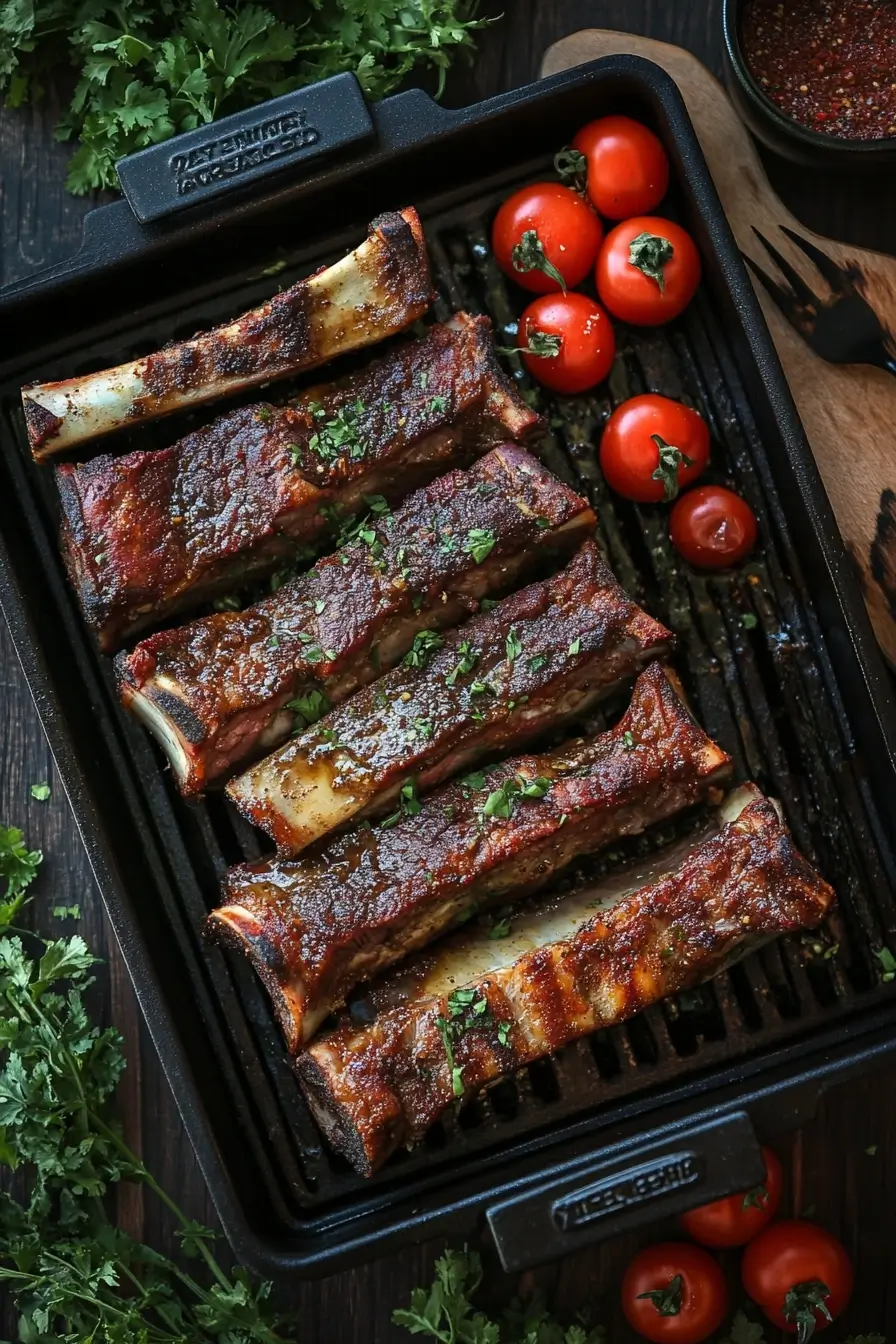 Perfectly smoked beef short ribs with a caramelized crust, garnished with fresh herbs, served in a cast-iron grill pan alongside fresh cherry tomatoes.