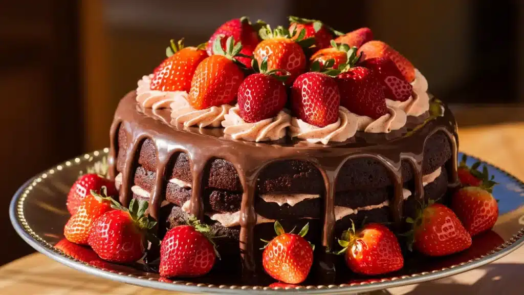 A decadent chocolate cake adorned with fresh strawberries and chocolate ganache.