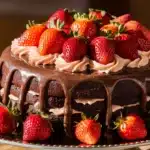 A decadent chocolate cake adorned with fresh strawberries and chocolate ganache.