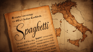 An antique Italian cookbook page featuring the word "Spaghetti" with a vintage map of Italy in the background.