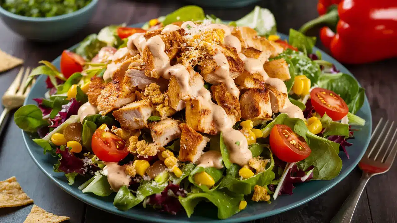 A delicious Southwest Chicken Salad displayed on a blue ceramic plate.