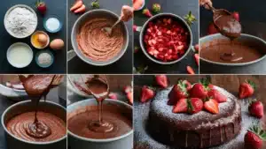 A step-by-step photo collage showing the process of making a chocolate strawberry cake.