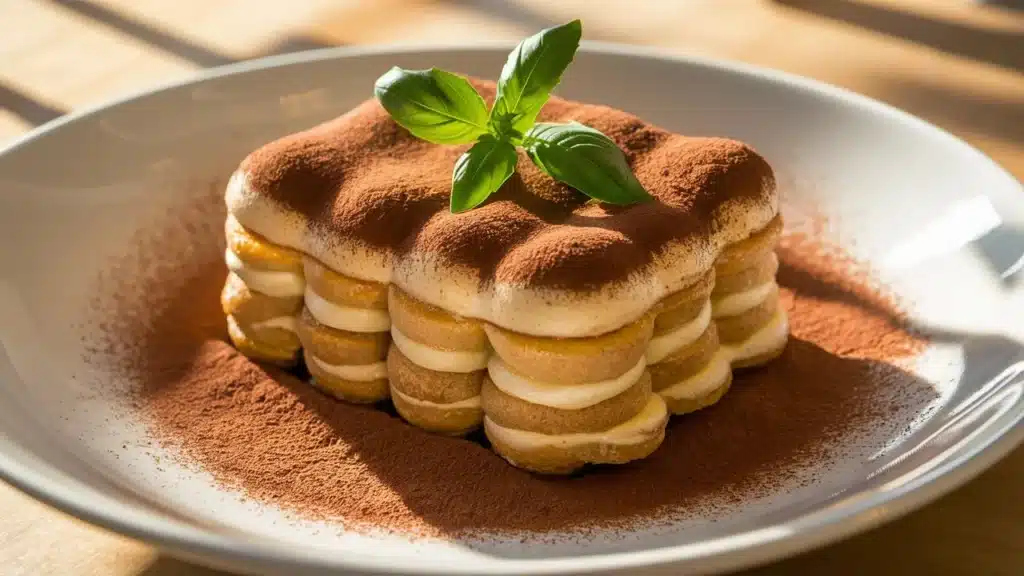 Layered tiramisu with a basil garnish, dusted with cocoa powder on a white plate