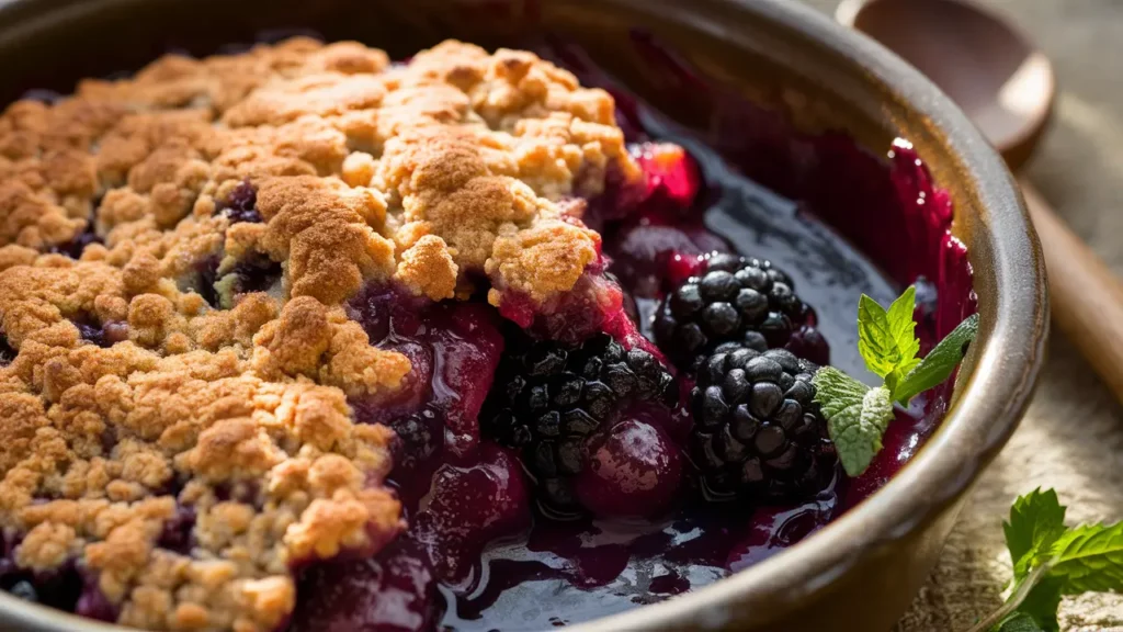 A close-up of a freshly baked blackberry crumble with a golden-brown, crispy topping and juicy blackberries peeking through. A sprig of fresh mint decorates the side.