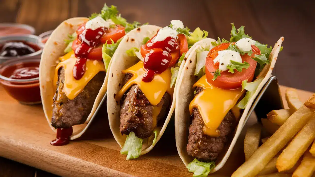 A serving ofsmash burger tacos, with melted cheese, fresh lettuce, and tomatoes, drizzled with ketchup, alongside a side of crispy fries.