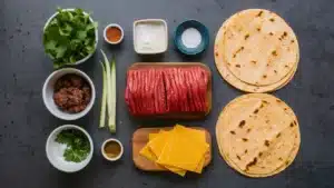 A well-organized taco-making station with fresh ingredients spread out on a dark grey surface.