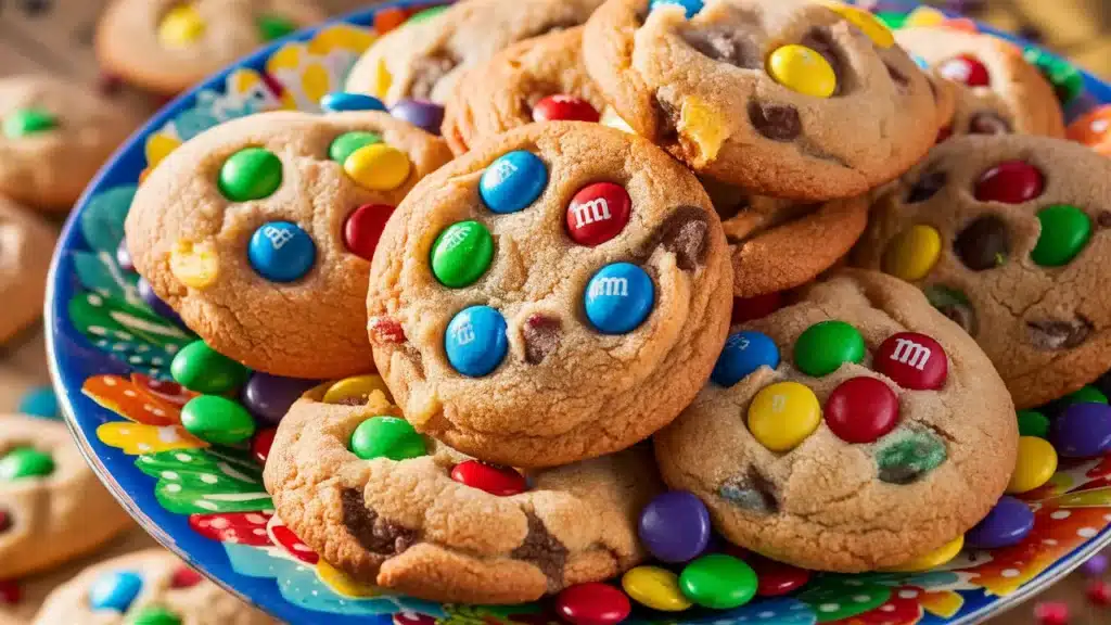 Peanut butter M&M cookies on a colorful ceramic plate