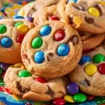 Peanut butter M&M cookies on a colorful ceramic plate