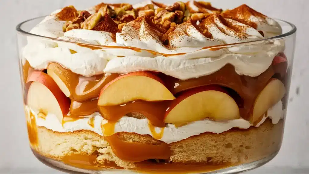 A large trifle dessert in a clear glass bowl, featuring layers of soft cake, fresh sliced apples, rich caramel sauce, and fluffy whipped cream, all garnished with a sprinkle of cinnamon.