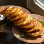 Golden-brown potato pancakes stacked on a wooden plate, accompanied by a small bowl of sour cream and chives, bathed in sunligh