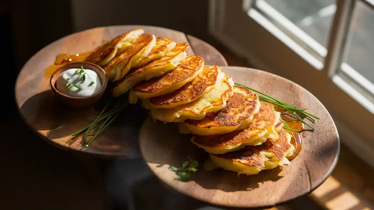 Golden-brown potato pancakes stacked on a wooden plate, accompanied by a small bowl of sour cream and chives, bathed in sunligh