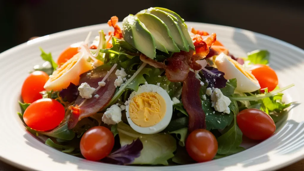 A Cobb salad beautifully presented on a white plate, featuring layers of greens, avocado slices, crisp bacon strips, halved cherry tomatoes, crumbled cheese, and slices of boiled eggs.