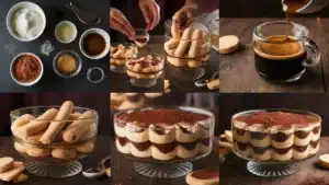 Step-by-step visual guide for making tiramisu, showing ingredients and assembly process.