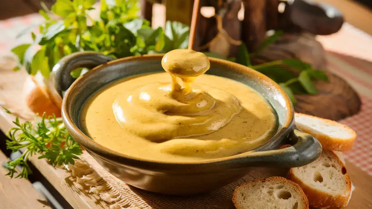 A bowl of creamy mustard sauce with a spoon dipped in, surrounded by fresh herbs and slices of bread on a rustic wooden table.