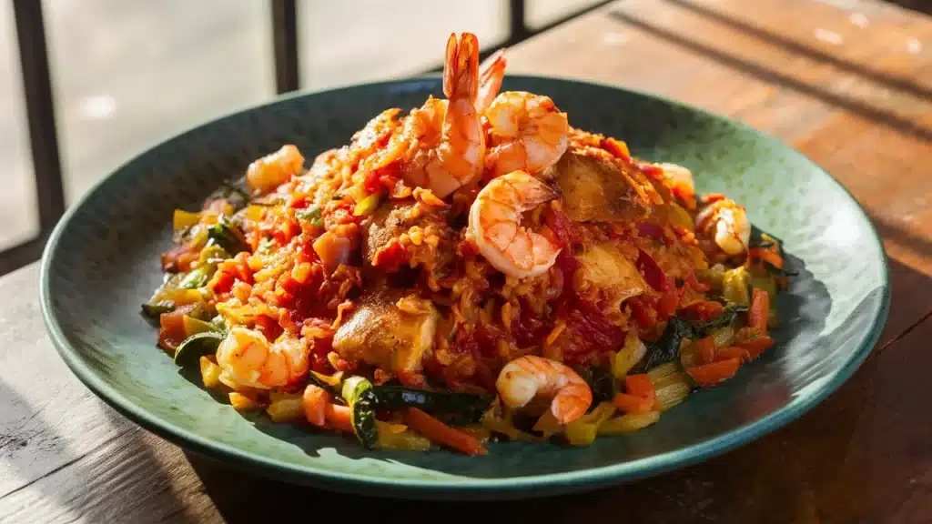 A vibrant dish of paella with shrimp and chicken, served on a blue plate, illuminated by natural light through a window.