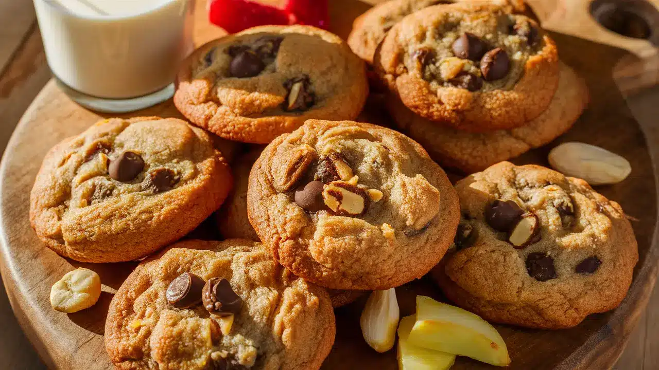 A plate of freshly baked chocolate chip cookies with nuts and chocolate chunks, served with a glass of milk.