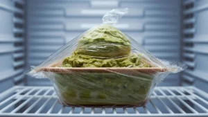 Guacamole covered with plastic wrap in a wooden bowl inside a refrigerator