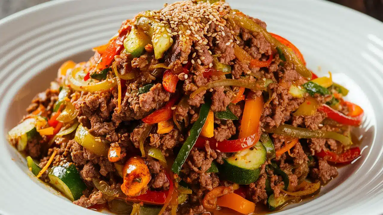 A plate of Mongolian ground beef with colorful bell peppers, onions, and zucchini, garnished with sesame seeds.