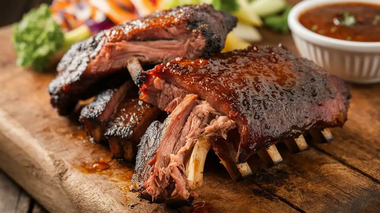 Glazed barbecue ribs with a side of sauce and fresh vegetables on a rustic wooden board.