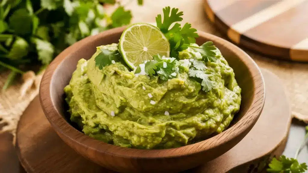 A bowl of fresh guacamole garnished with lime slices and cilantro on a wooden table.
