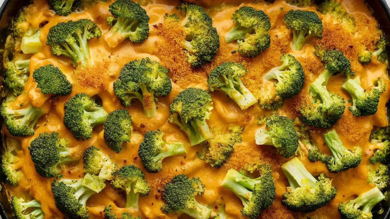 The image shows a delicious-looking dish of broccoli baked with a creamy, cheesy sauce. The broccoli florets are well-coated with the sauce and appear tender yet vibrant green, suggesting they have been cooked to maintain some crispness. Some florets are sprinkled with golden breadcrumbs, adding a crunchy texture contrast to the creamy sauce beneath. The overall appearance is appetizing and suggests a comfort food that integrates healthy ingredients.