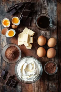 An overhead shot of tiramisu ingredients, including eggs, butter, mascarpone cheese, cocoa powder, dark chocolate, and a glass cup of espresso on a rustic wooden background.
