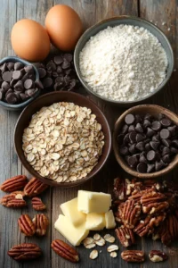 An overhead view of cookie ingredients, including rolled oats, flour, butter, eggs, chocolate chips, and pecans, arranged on a rustic wooden surface.