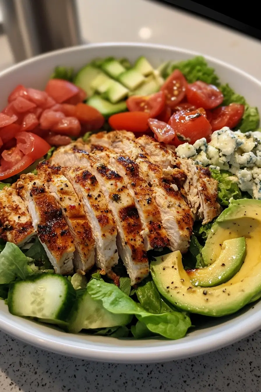 A bowl of Cobb salad with grilled chicken, avocado, tomatoes, cucumbers, blue cheese crumbles, and fresh lettuce.