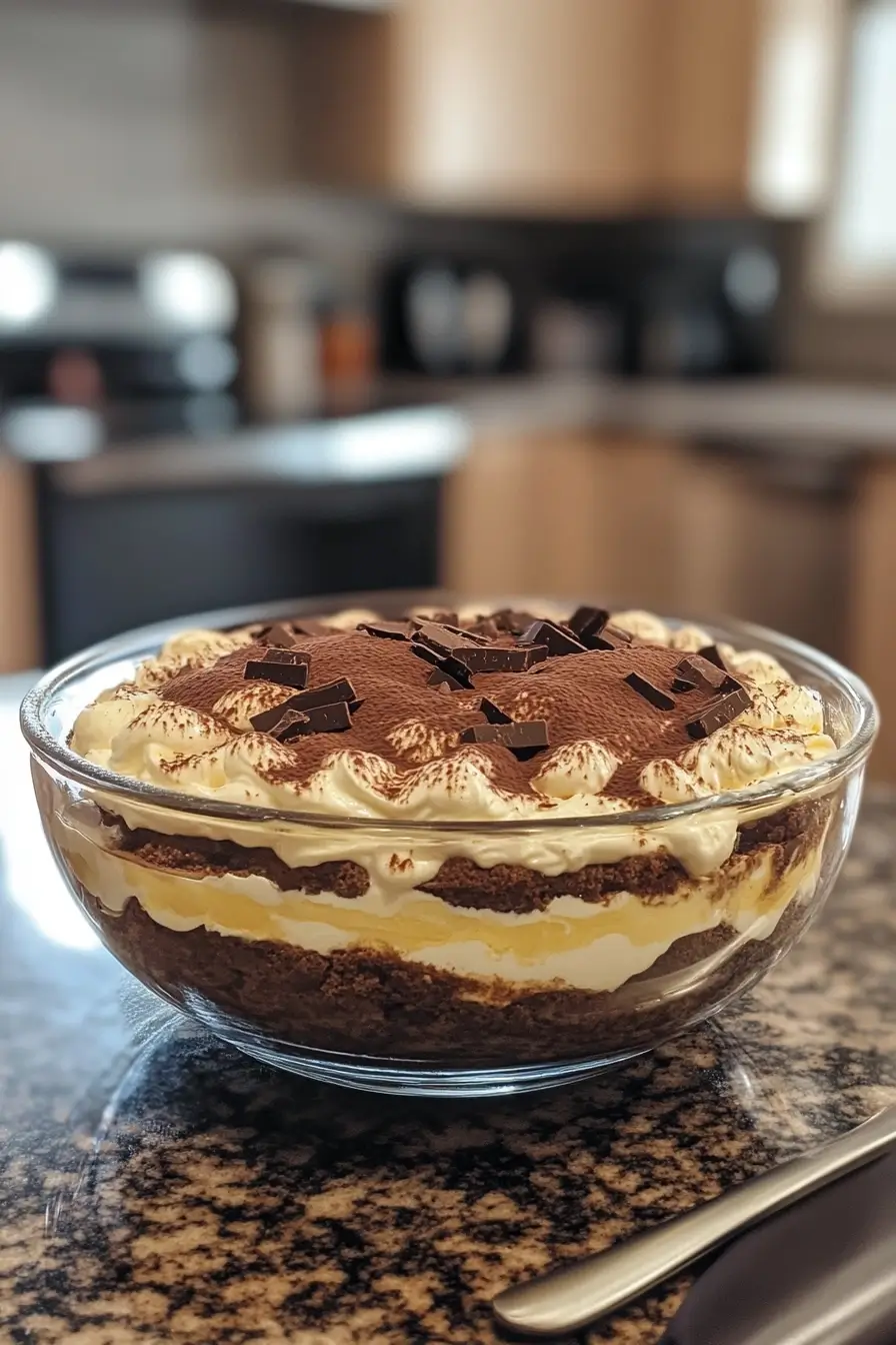 A glass bowl filled with layered tiramisu, showcasing creamy mascarpone, coffee-soaked layers, and topped with cocoa powder and dark chocolate chunks.
