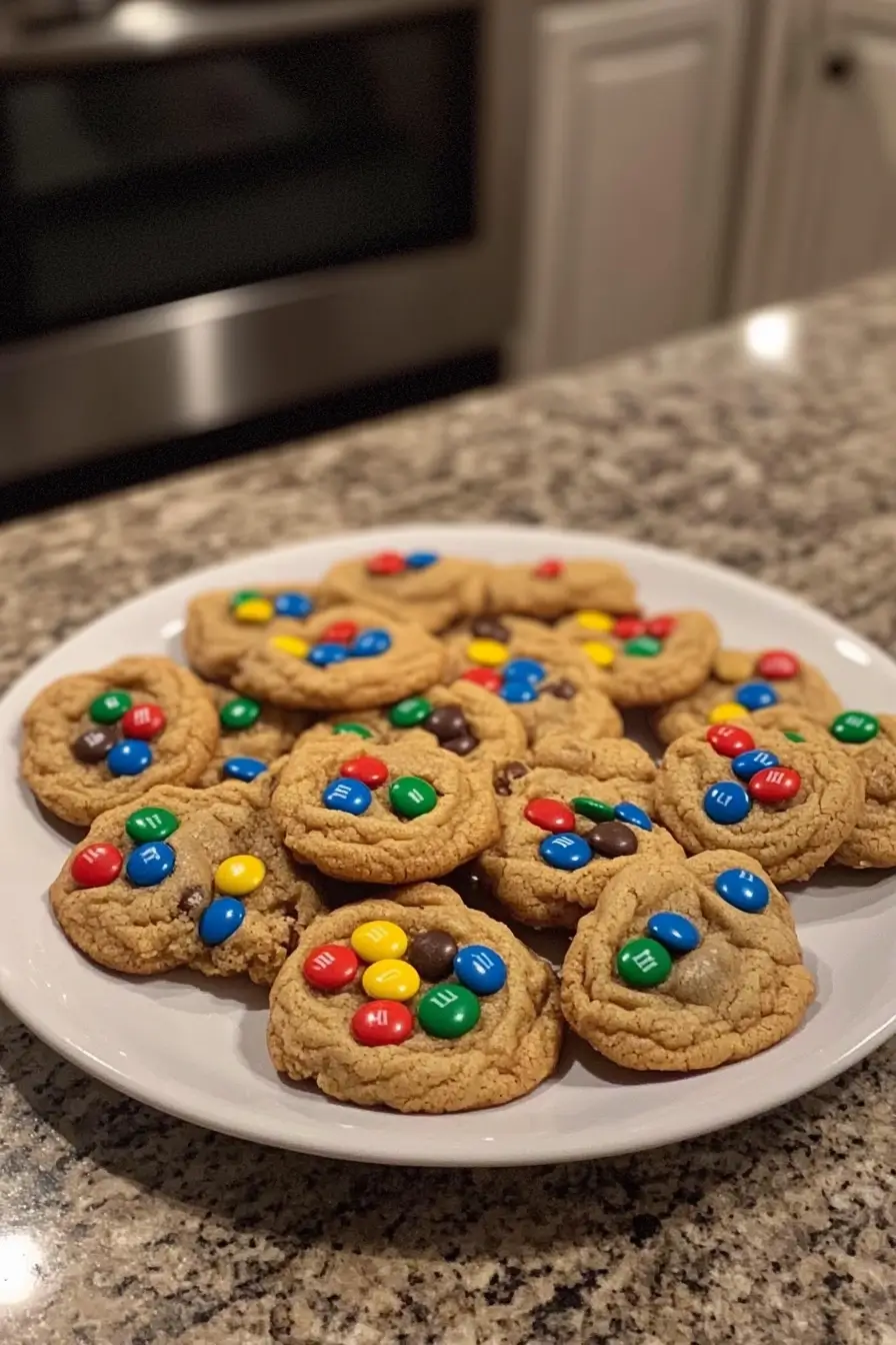 A plate of freshly baked peanut butter cookies topped with colorful M&M candies, served on a white plate over a granite countertop.