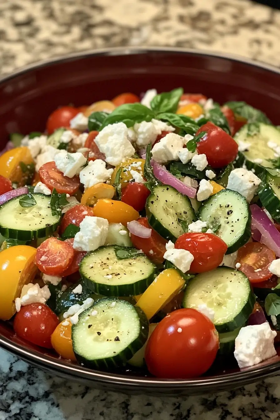 A bowl of cucumber and tomato salad with feta cheese, yellow bell peppers, red onions, and fresh basil, seasoned with black pepper.