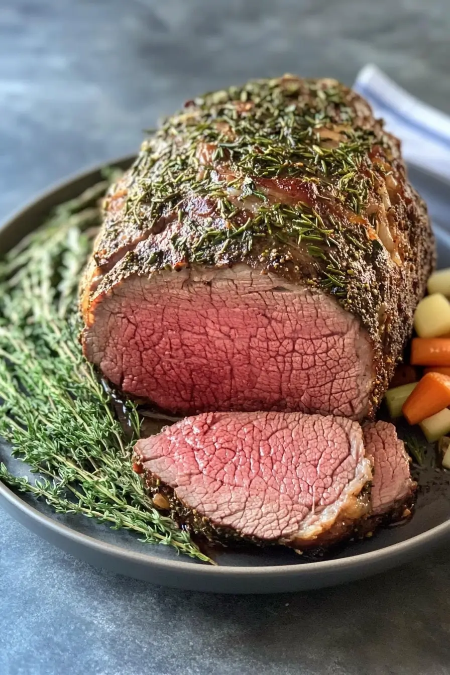 Sliced roast beef garnished with fresh herbs, showcasing a juicy, medium-rare center.