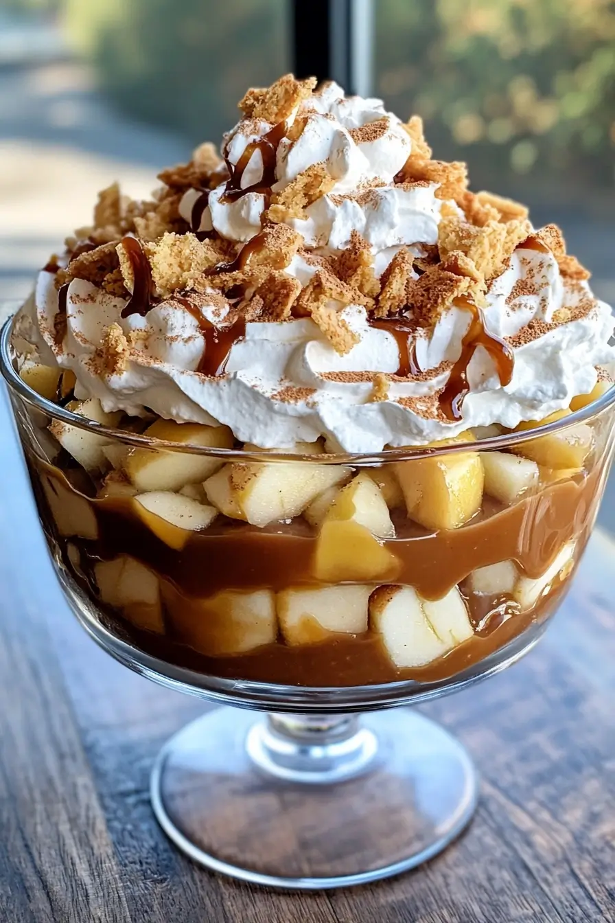 A caramel apple trifle layered with diced apples, caramel sauce, whipped cream, and crumbled cookies in a glass trifle dish.
