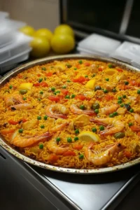 A large traditional pan of chicken and shrimp paella with saffron rice, shrimp, peas, bell peppers, and lemon wedges.