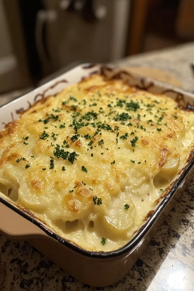 Baked creamy au gratin potatoes with golden cheese topping and fresh parsley in a casserole dish.