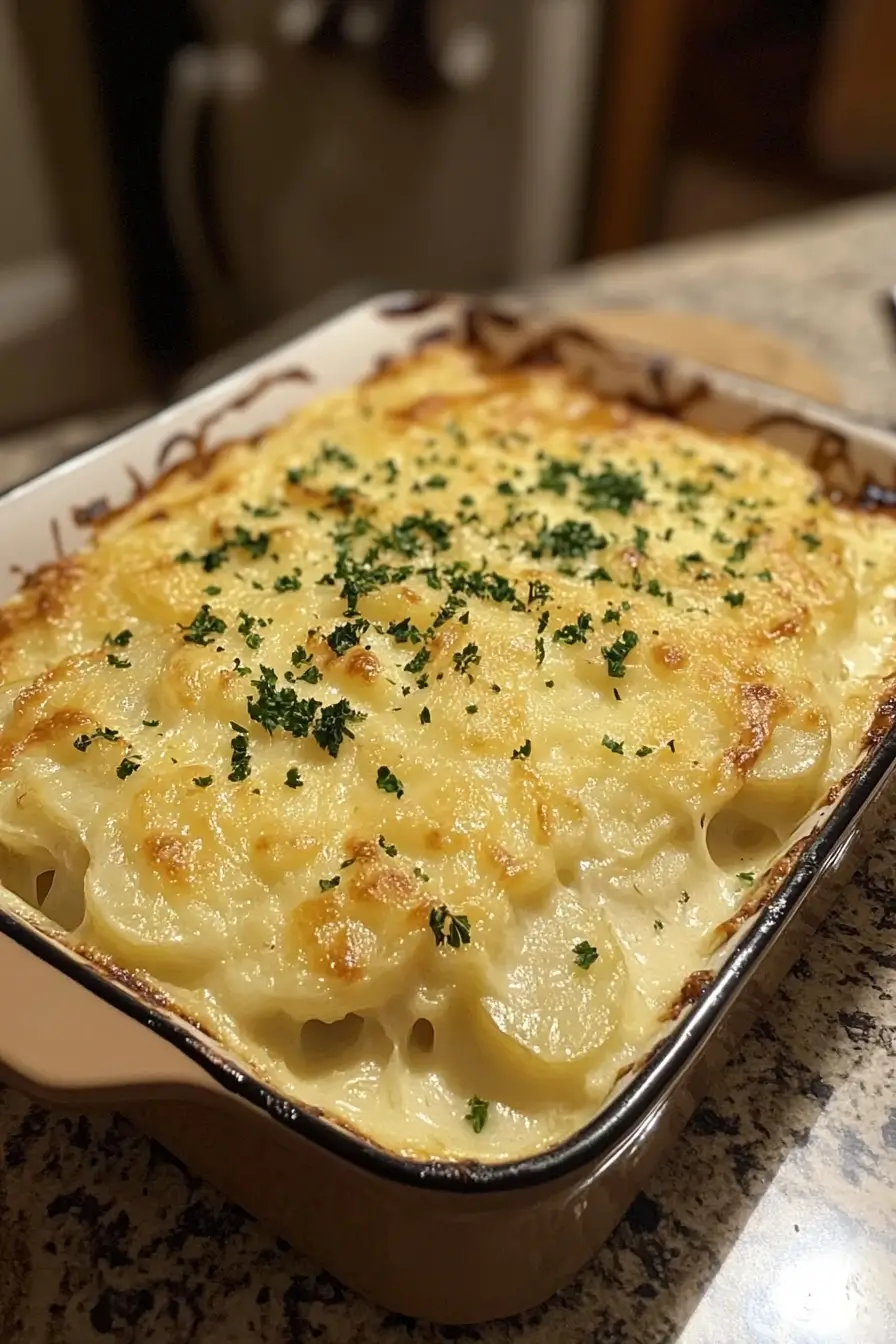 Baked creamy au gratin potatoes with golden cheese topping and fresh parsley in a casserole dish.
