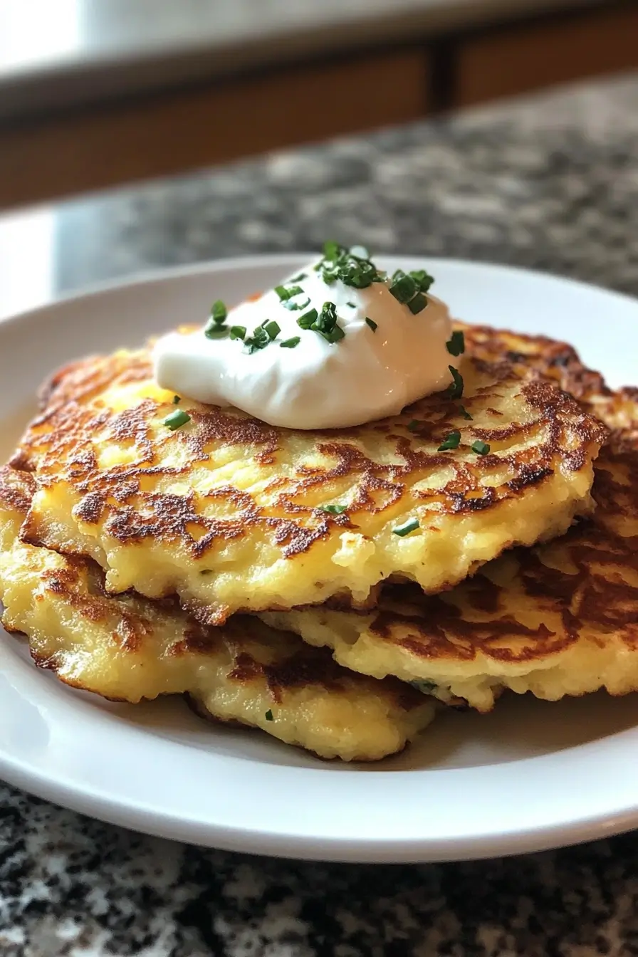 Golden-brown potato pancakes topped with a dollop of sour cream and garnished with chopped chives on a white plate.