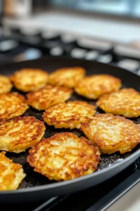 Potato pancakes sizzling in a frying pan, golden and crispy on the edges, cooking on a stovetop.