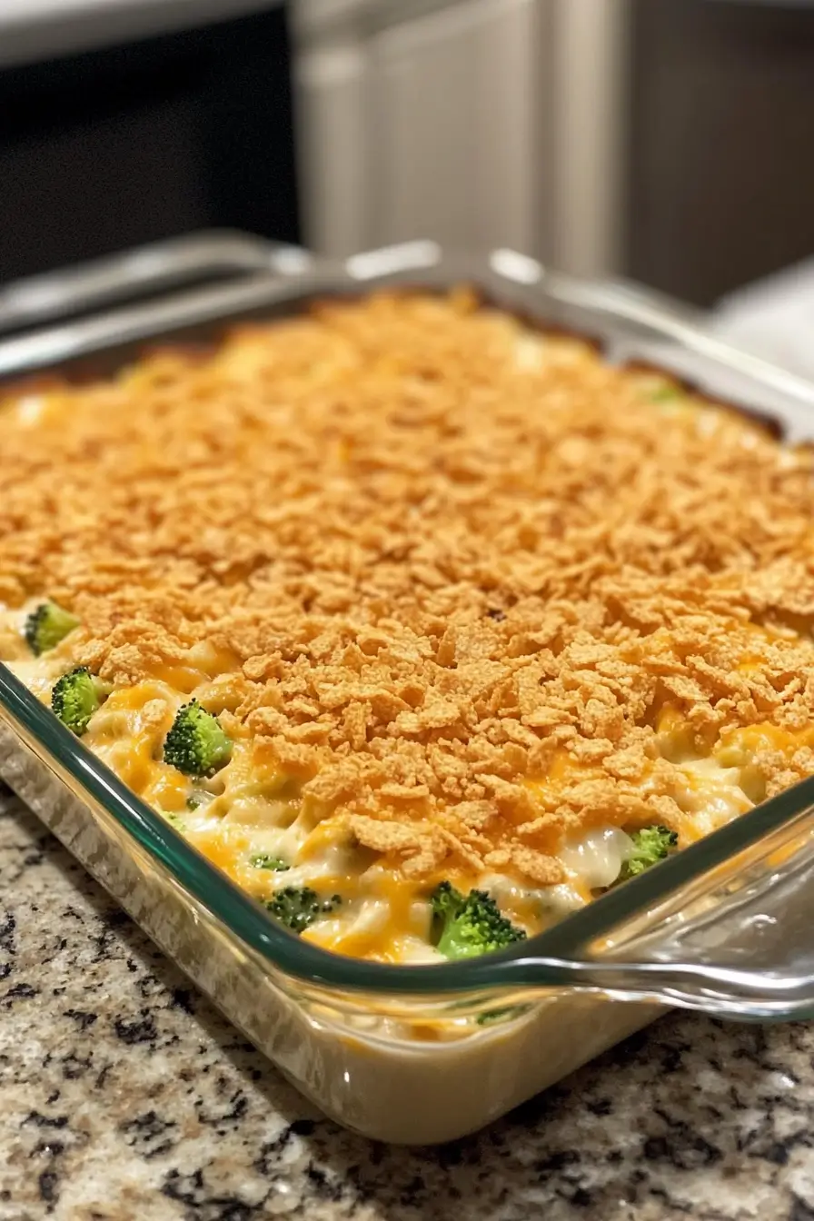 Baked cheesy broccoli casserole with a golden, crispy topping in a glass baking dish.